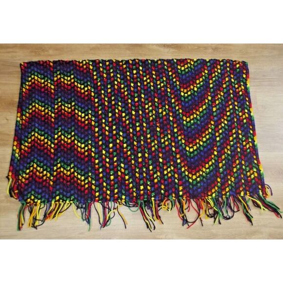 Handmade Other - Vintage Hand Crocheted Afghan Blanket Throw - Handmade Black & Rainbow 60x47